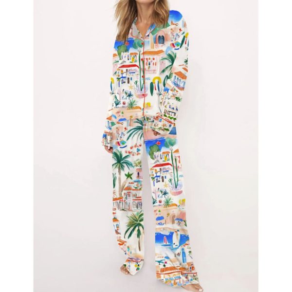 Italian Mediterranean Beach Silky Satin Pajama Set For Women