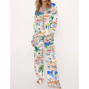 Italian Mediterranean Beach Silky Satin Pajama Set For Women 1