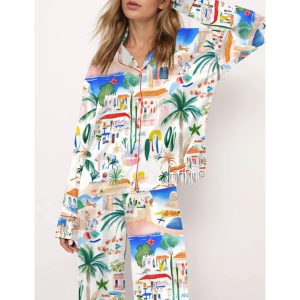 Italian Mediterranean Beach Silky Satin Pajama Set For Women