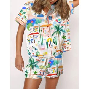 Italian Mediterranean Beach Silky Satin Pajama Set For Women 3