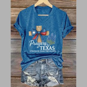 Prayers For Texas Stronger Than The Waters V Neck T Shirt