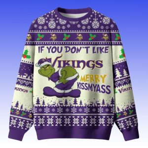 Grnch If You Dont Like Vikings Merry Kissmyass Ugly Christmas Sweater